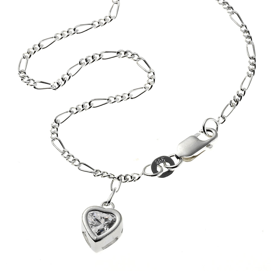 Fußkette 925 Silber mit Herz-Anhänger und Zirkonia weiß 25cm lang