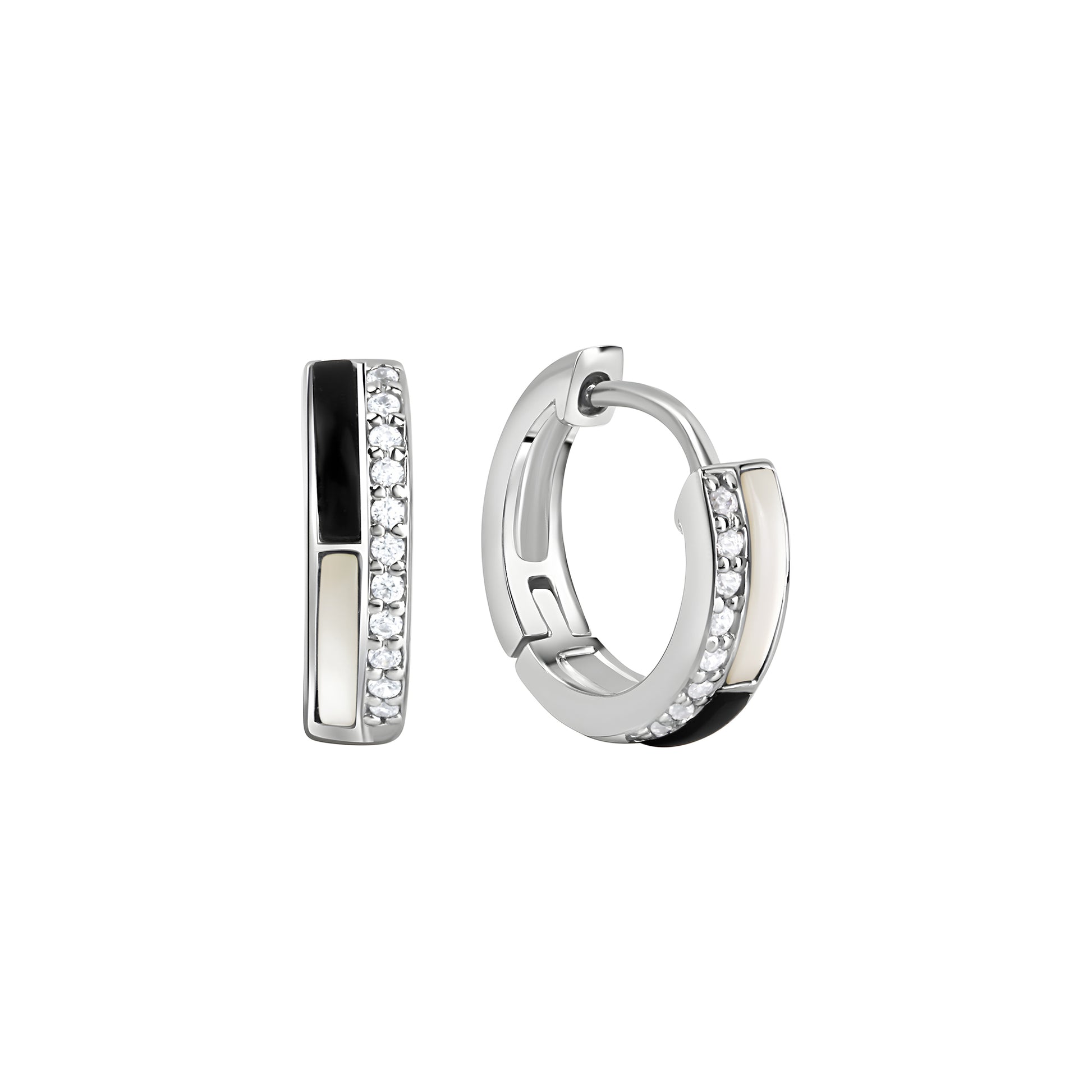 Creolen 925/- Sterling Silber rhodiniert Perlmutt Onyx Zirkonia