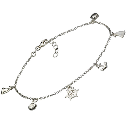 Fußkette 925 Sterling Silber rhodiniert maritime Motive