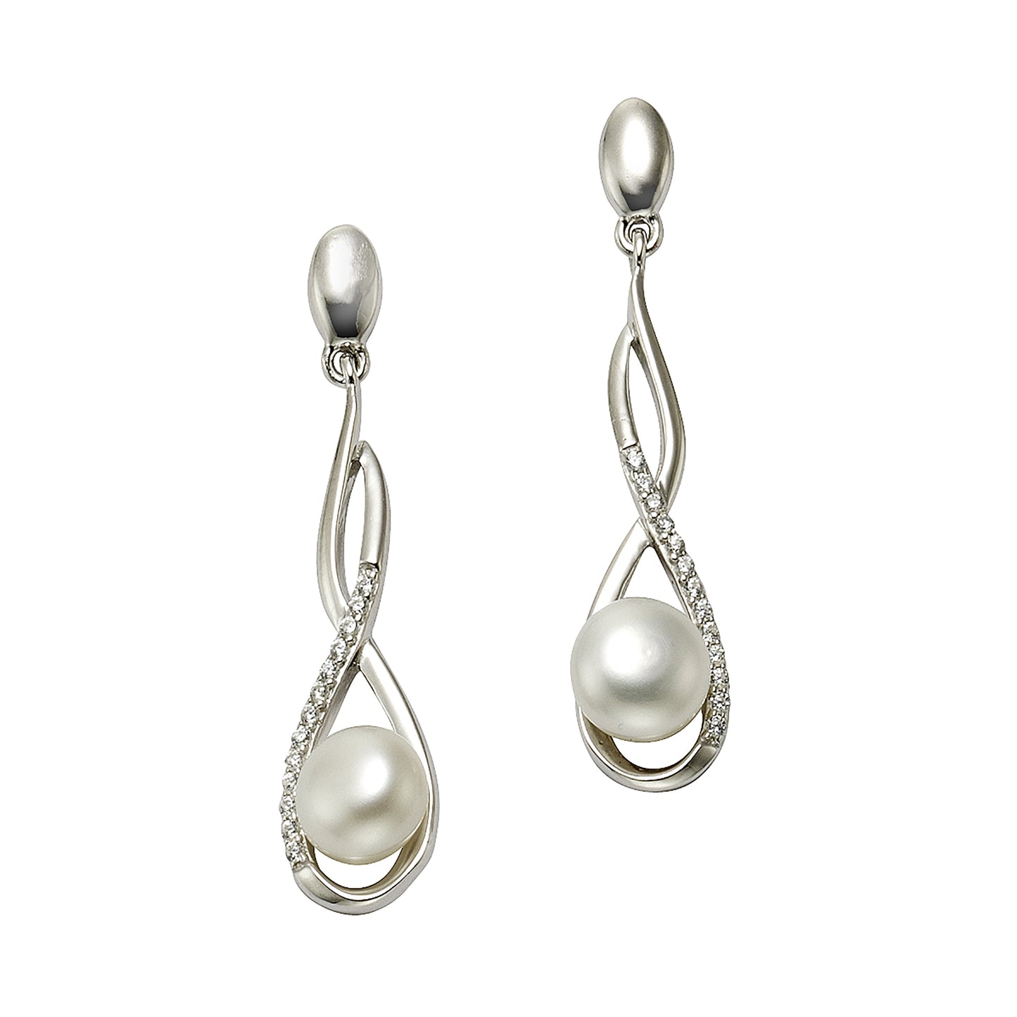 Ohrringe Silber 925 rhodiniert mit weißen Perlen 7mm und Zirkonia-Steinen