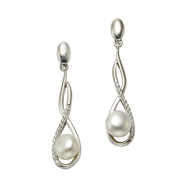 Ohrringe Silber 925 rhodiniert mit weißen Perlen 7mm und Zirkonia-Steinen