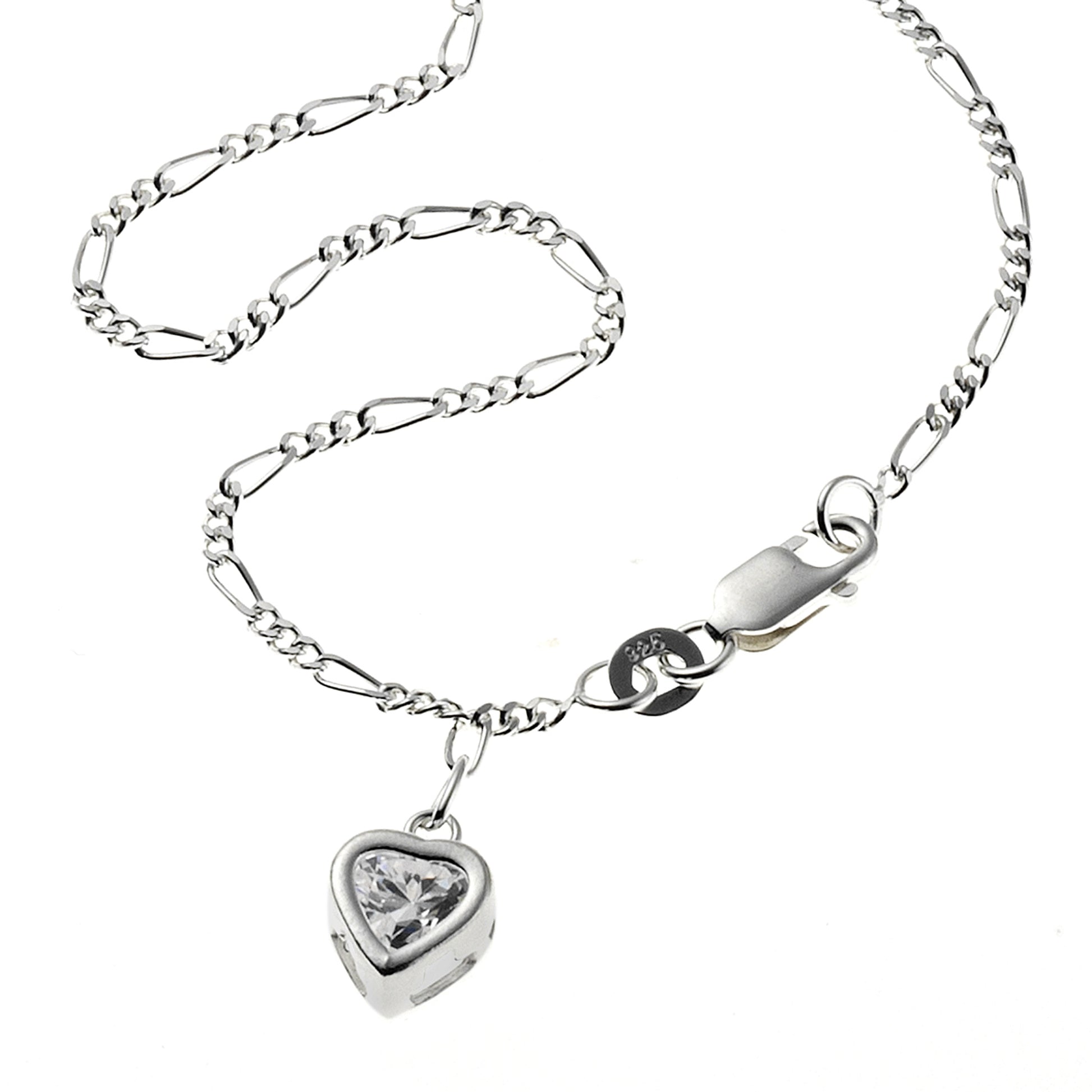 Fußkette 925 Silber mit Herz-Anhänger und Zirkonia weiß 25cm lang