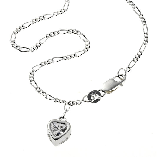 Fußkette 925 Silber mit Herz-Anhänger und Zirkonia weiß 25cm lang