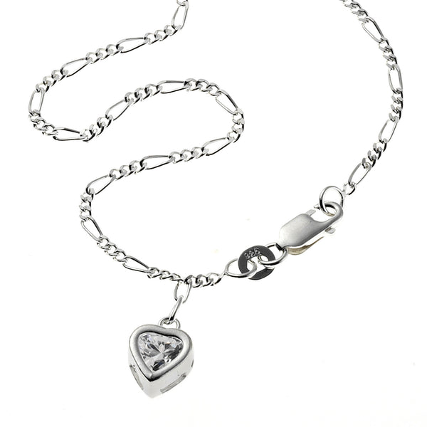 Fußkette 925 Silber mit Herz-Anhänger und Zirkonia weiß 25cm lang