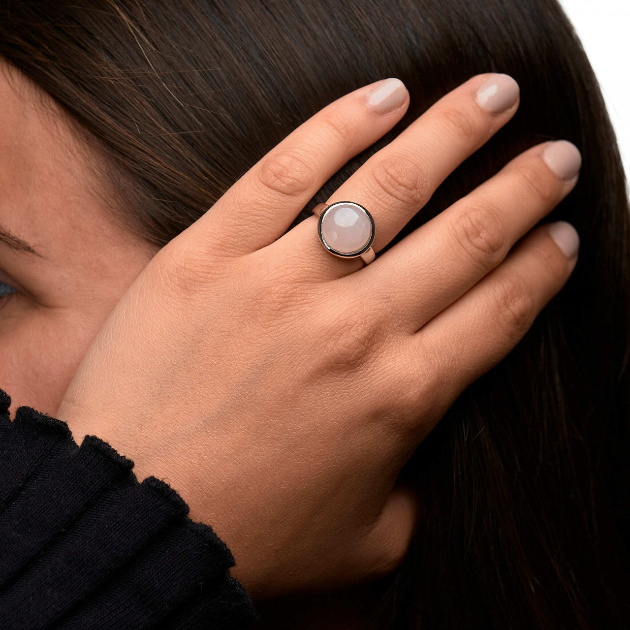 Ring 925/- Sterling silver rose quartz pink rhodium plated