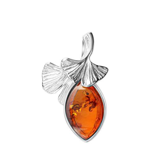 Anhänger 925/- Sterling Silber rhodiniert Bernstein Gingko